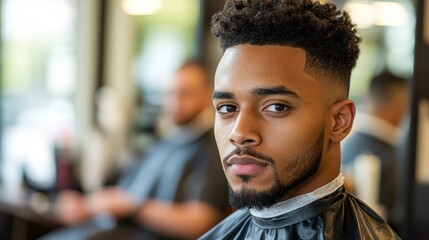 Fototapeta premium A man sitting in a modern barbershop after a fresh haircut, looking confident ideal for promotions related to grooming, lifestyle, and fashion,
