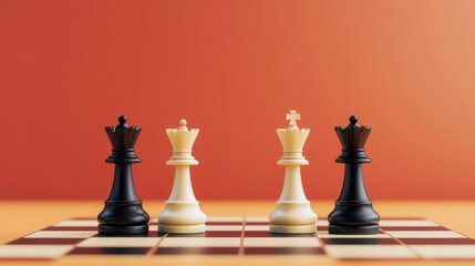 Chessboard with kings facing each other, intense rivalry, 3D illustration