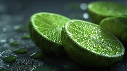 Fresh lime halves with vibrant green color and juicy texture, photographed on a dark, reflective surface with water droplets.