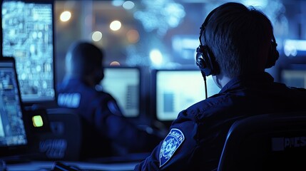 Police officers at work in a 911 call center, using advanced technology to coordinate emergency responses