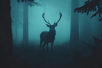 Silhouette of deer in the misty woodlands 