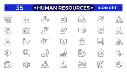 Set of outline icons related to HR, Human Resources, Recruitment, Employment, business, office, company, management. Linear icon collection.