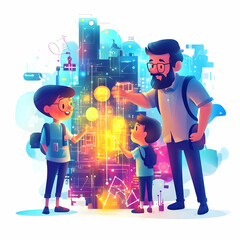 Glowing Abstract Grandparents and Grandchildren Playing concept as A dynamic digital art banner featuring glowing abstract icons of grandparents and grandchildren playing together. The design radiates