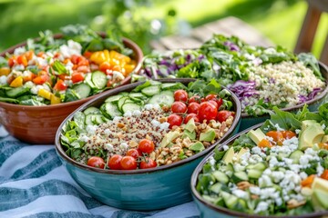 Fresh and colorful salad bowls on a table. Perfect for a healthy meal or gathering. Enjoy vibrant flavors and nutritious ingredients. Generative AI