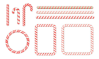 Realistic 3D candy cane Christmas vector set design. Straight, round, square frame. New year decoration elements collection.