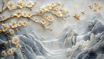 Elegant depiction of a tranquil mountain scene with blooming branches and soaring birds, evoking a sense of peace and tranquility in nature's beauty.