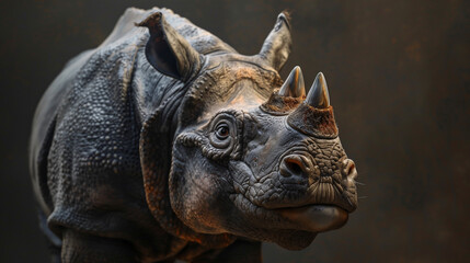 A close-up of an endangered rhinoceros showcasing its textured skin, strong horn, and intense gaze against a dark, blurred background.