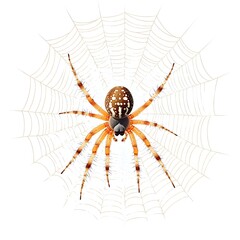 Obraz premium Detailed of a Delicate Spider Web with the Arachnid Inhabitant Centered on a Pure White Background Showcasing the Intricate Geometry and Organic Elegance of This Natural Structure