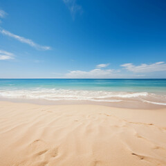 Serene Beachscape:  A tranquil beach scene with pristine white sand and crystal-clear azure water stretching towards a bright blue sky, evoking a sense of peace and serenity. 