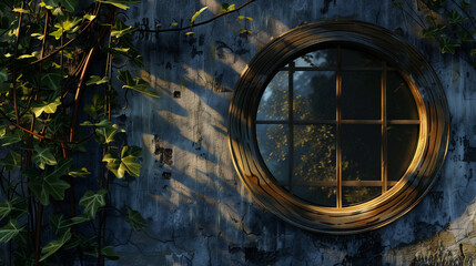 Obraz premium Round window on weathered wall with climbing ivy plants illuminated by sunlight, casting intricate shadows and creating a serene atmosphere.