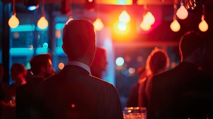 A business person attending a business mixer or social event, networking with others in a relaxed atmosphere.