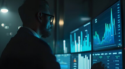 A businessman analyzing financial data on a screen, with a graph showing projected growth and profit margins.