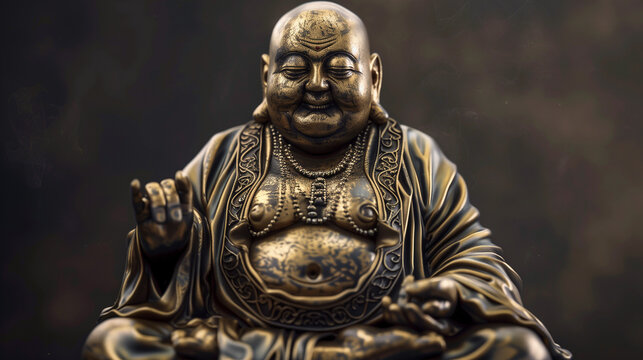 Bronze statue of a laughing Buddha with intricate designs, symbolizing prosperity and happiness. - Powered by Adobe