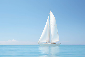 Obraz premium Sailboat Serenity: A graceful white sailboat glides across the turquoise waters, its sails billowing in the gentle breeze, under a boundless blue sky. The image evokes a sense of calm and peace, a pe