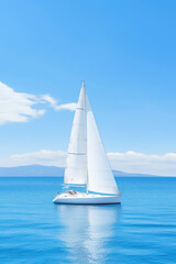 Fototapeta premium Serene Sailing: A lone sailboat glides gracefully across a tranquil turquoise sea, its white sails billowing against a backdrop of azure skies and distant islands. 