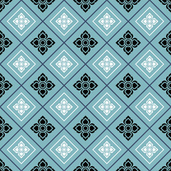 Elegant Thai-inspired pattern in turquoise and black. Seamless design floral motif. Perfect for fabric, wallpaper, or digital backgrounds. Traditional Asian elements  pattern. Versatile pattern.