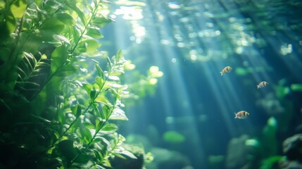 Fototapeta premium Underwater scene with sunlight filtering through water, illuminating aquatic plants and fish.