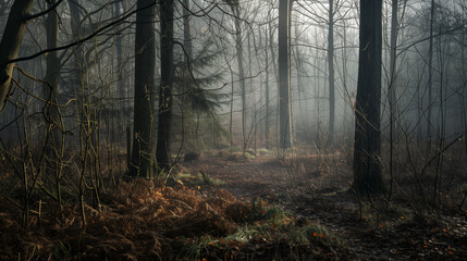 Obraz premium A misty forest scene with bare trees and a foggy path leading into the distance, creating a mysterious and tranquil atmosphere.