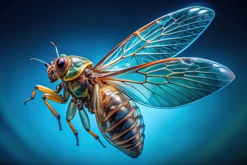 A cicada emerges, its wings unfolding as it soars, leaving a shimmering trail against a transparent blue, its beauty lingering in the air.