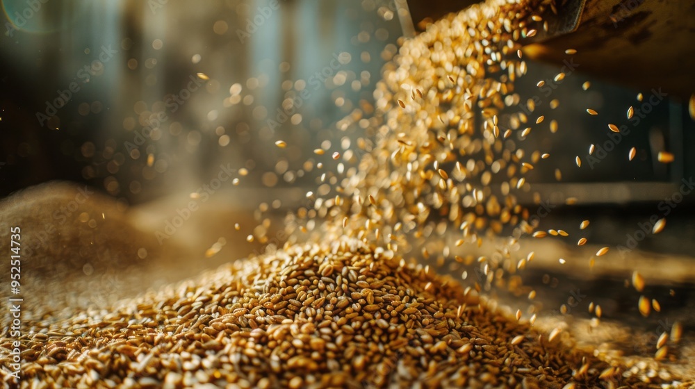 Poster a large pile of grain is being poured out of a container