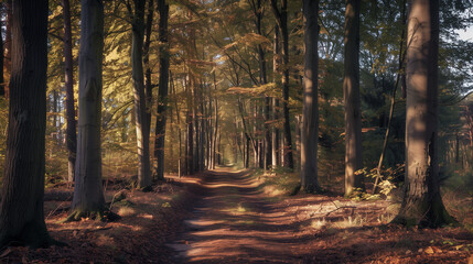 Fototapeta premium A serene, sun-dappled path through an autumn forest with tall trees and a carpet of fallen leaves creating a tranquil atmosphere.