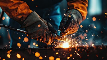 Close-up of a welder hands in protective gloves, holding a welding torch, as a brilliant burst of light and sparks illuminates the dark workshop.