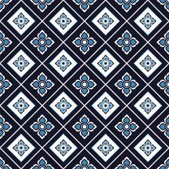 Blue floral pattern on navy background. Seamless tile design with diamond grid and stylized flowers. Vintage-inspired pattern for textiles, decor, or digital projects. Elegant blue pattern.