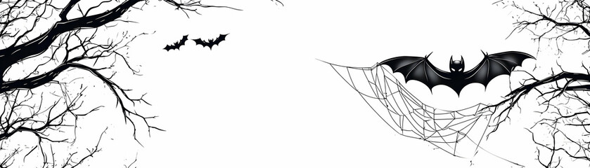 Fototapeta premium Spider Web and Bat with Tangled Text concept as An isolated vector featuring a spider web with a bat caught in it and the word Tangled in a spooky font. The elements are set against a white background