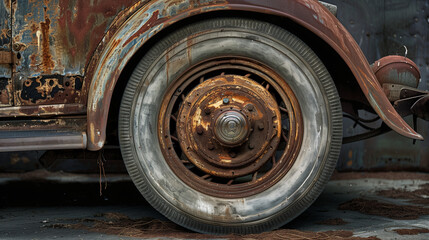 Fototapeta premium Close-up of a rusty and weathered tire of an old vintage car, showcasing age and decay.