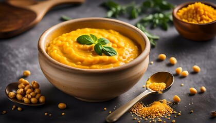 Yellow pea puree in a bowl and a spoon. Horizontal composition
