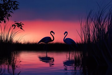 Fototapeta premium Silhouette of flamingos in the wetlands at dusk