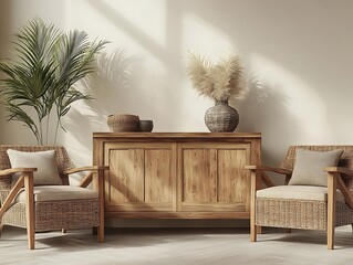 Wooden Cabinet with Wicker Chairs and Palm Plant - 3D Illustration