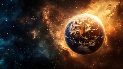 Naklejka premium Celestial Symphony: Earth with Swirling Clouds Bathed in Sunlight amid a Star-Filled Space and High-Contrast Lighting