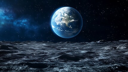 Lunar vantage point: Earth's beauty from the moon with dramatic lighting and detailed lunar foreground