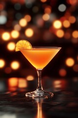 Orange cocktail in martini glass on dark bokeh background. Bar and nightlife concept. Image for menu, poster, and advertisement. Banner with copy space.