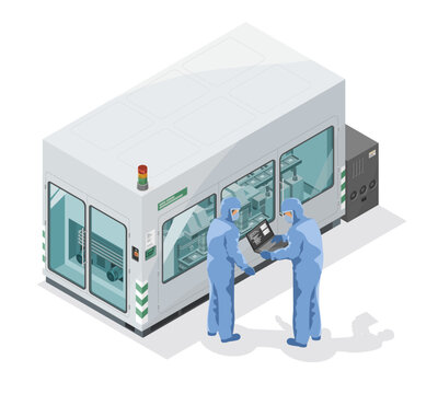 microprocessor and microship industry engineer working on high tech hardwere factory machine isometric cartoon isolated