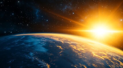 Obraz premium Serene Sunrise: Earth's Glowing Atmosphere with Distant Stars and Cinematic Lighting