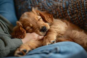a dog sleeping on a person's lap