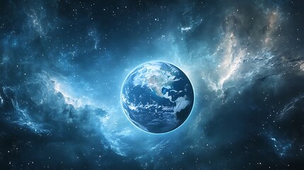 Naklejka premium Majestic Earth with Polar Ice Caps, Swirling Clouds, and Glowing Atmosphere in Starry Space Background