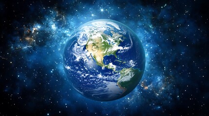 Fototapeta premium Earth - Detailed Continents, Vibrant Oceans, Soft Atmospheric Glow, Deep Space Background