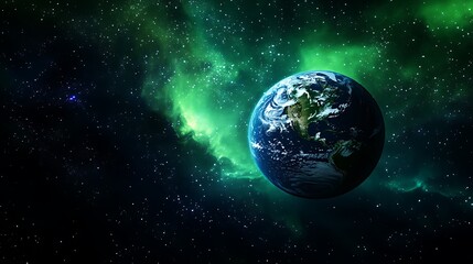 Obraz premium Northern Lights Over Polar Ice Caps: Capturing the Vibrant Aurora Borealis and Ethereal Atmospheric Glow in Deep Space
