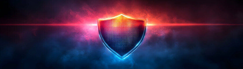 Fototapeta premium Holographic Arrow and Shield with Defense Text concept as A bold photo featuring a glowing holographic arrow and shield symbolizing the defense against evil during Dussehra. The design includes ample 