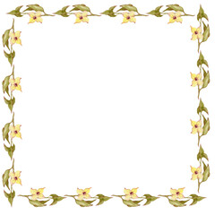 Garden yellow flowers. Summer floral print on a shawl or tablecloth. Wild buttercups. Perfect for decorating packaging, dishes, kitchenware, wallpaper and fabric. Flower frame