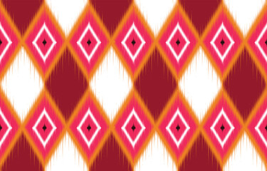 Vibrant ikat pattern. diamond shapes. Seamless ethnic design for boho decor.  ikat motif in red, orange, pink, white. Trendy ikat background for fabric, wallpaper. Stylish geometric. textile pattern.