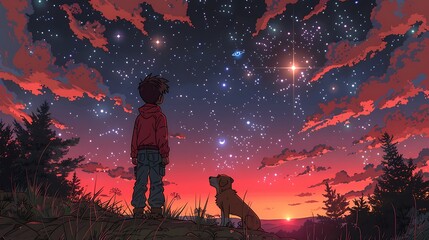 Fototapeta premium A cartoon of a boy and his dog stargazing from a hill, the dog’s eyes reflecting the sparkling stars above, the boy enthusiastically pointing out constellations,