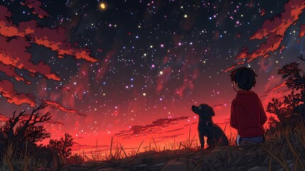 A cartoon of a boy and his dog stargazing from a hill, the dog&rsquo;s eyes reflecting the sparkling stars above, the boy enthusiastically pointing out constellations,