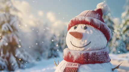 snowman with pine trees and falling snow background and copy space