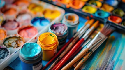 A close up of various art supplies, including paintbrushes and watercolor paints, arranged on an artist's desk, symbolizing creativity within painting