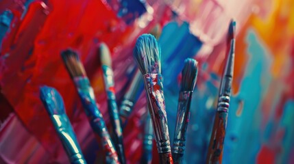 Fototapeta premium A close-up shot of paintbrushes arranged in an artistic display, set against the vibrant backdrop of an art studio