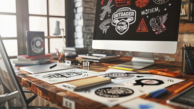 A desk with several hand-drawn logos, design sketches and pencils on it. The scene shows the creative process of graphic designer working hard to create designs for company branding and logo creation